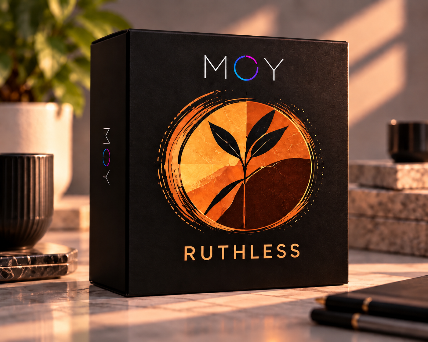 The black MOY RUTHLESS box with orange plant artwork.