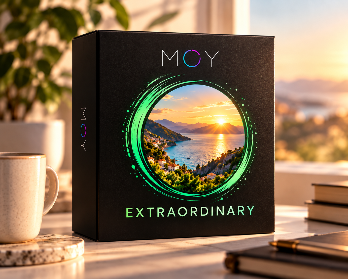 The black MOY EXTRAORDINARY box with green-ringed coastal sunrise artwork.
