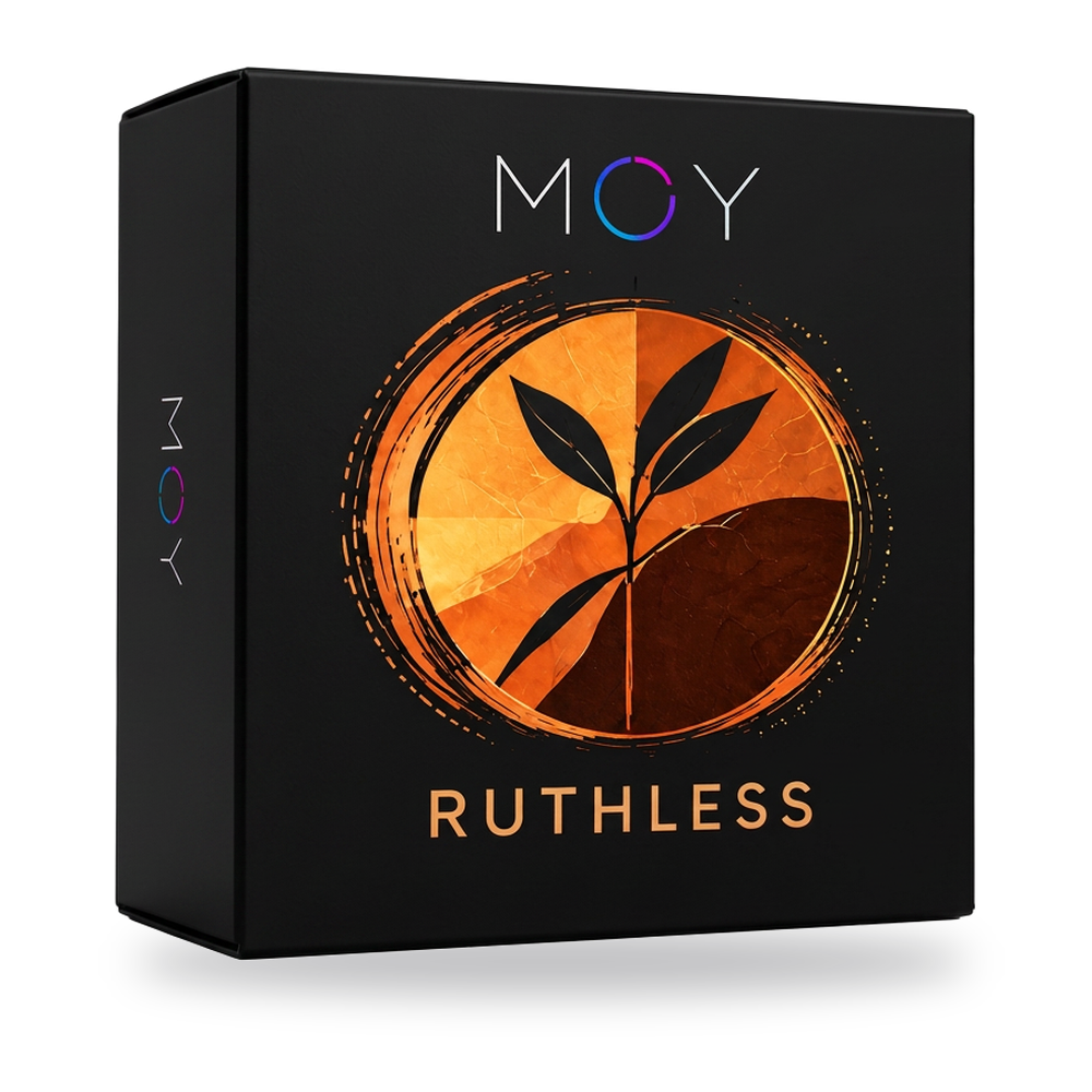 The black MOY RUTHLESS box with orange plant artwork.