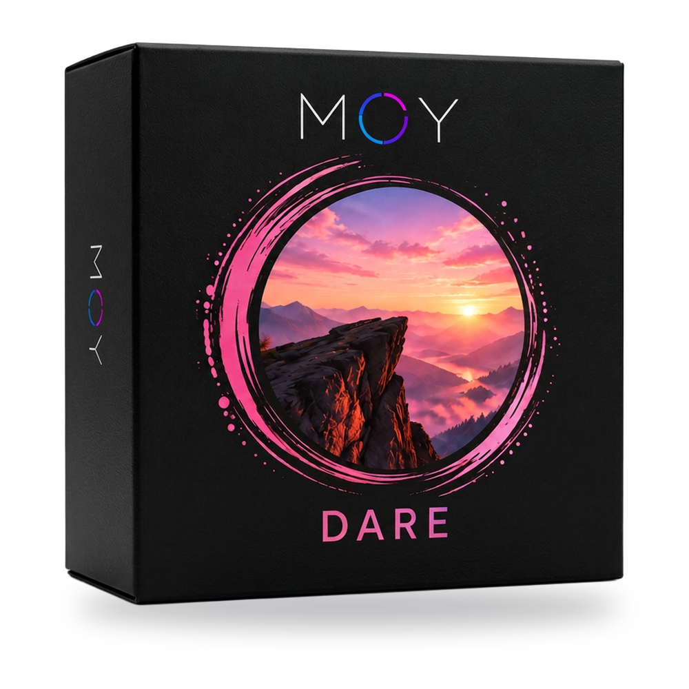 The black MOY DARE box with pink-ringed mountain cliff artwork.