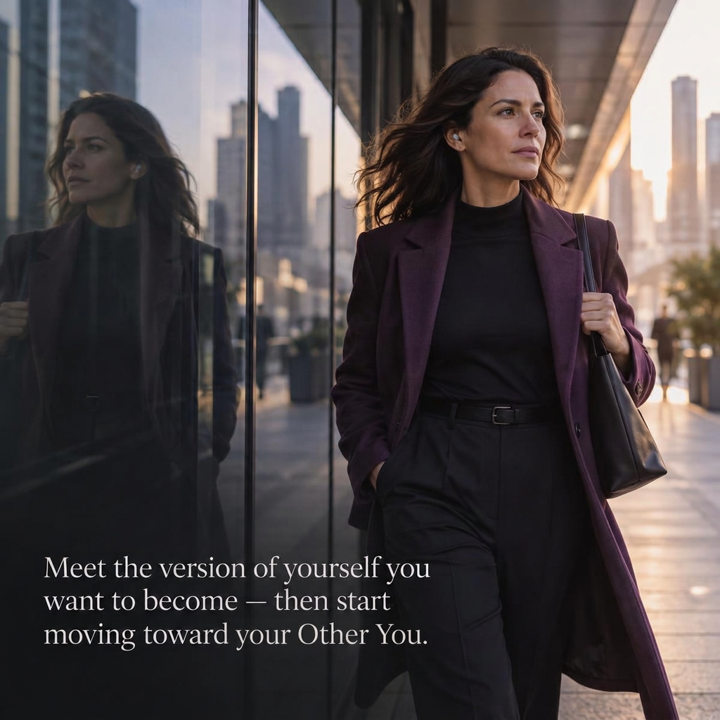 A woman walking beside her reflection, with the words: Meet the version of yourself you want to become — then start moving toward your Other You.