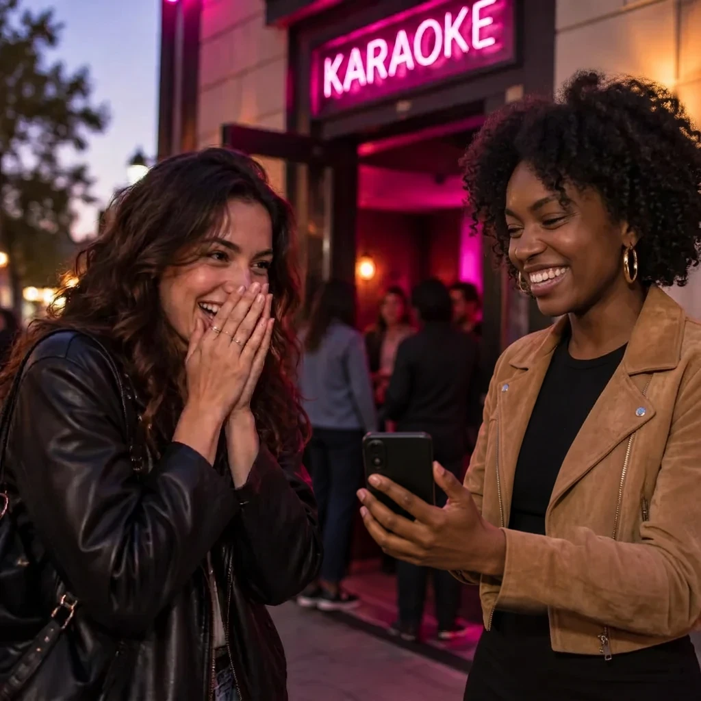 Two friends sharing a playful challenge outside a karaoke venue.