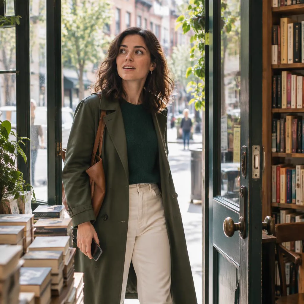 A woman stepping into an unfamiliar bookshop during a day outside her routine.