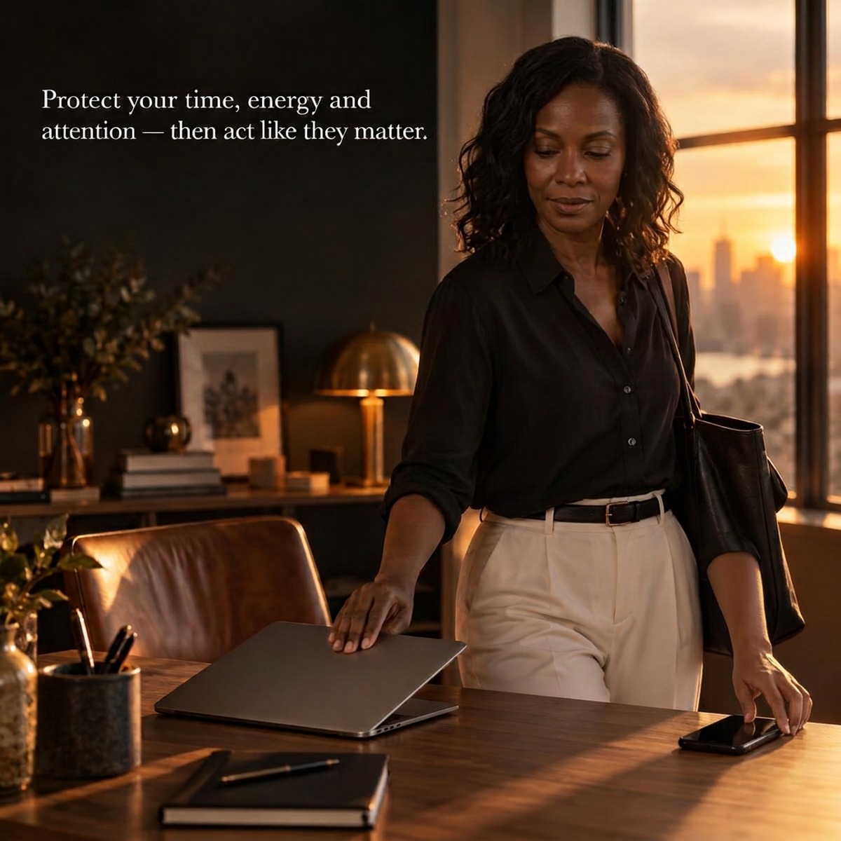 A woman closing her laptop at the end of the workday, with the words: Protect your time, energy and attention — then act like they matter.